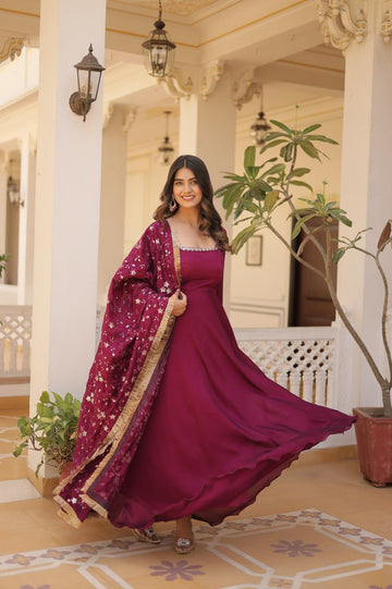Wine Maroon Anarkali Gown Set with Embroidered Dupatta