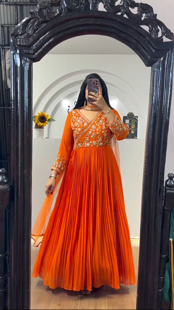 Orange Embroidered Pleated Anarkali Gown Set