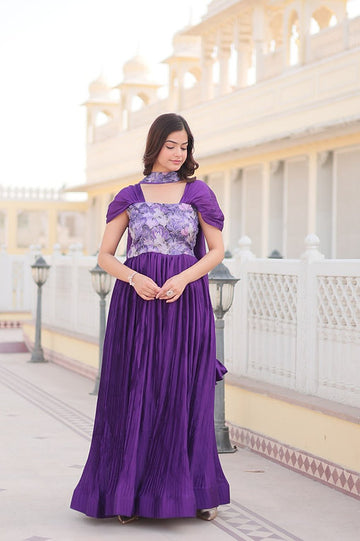 Royal Purple Pleated Anarkali Gown with Embroidered Bodice