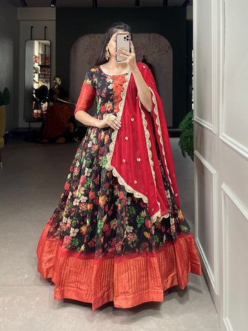 Black Floral Anarkali Gown with Red Dupatta