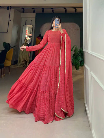 Classic Red Printed Anarkali Gown Set