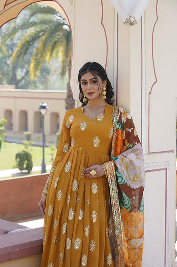 Mustard Yellow Embroidered Anarkali Gown Set with Floral Dupatta