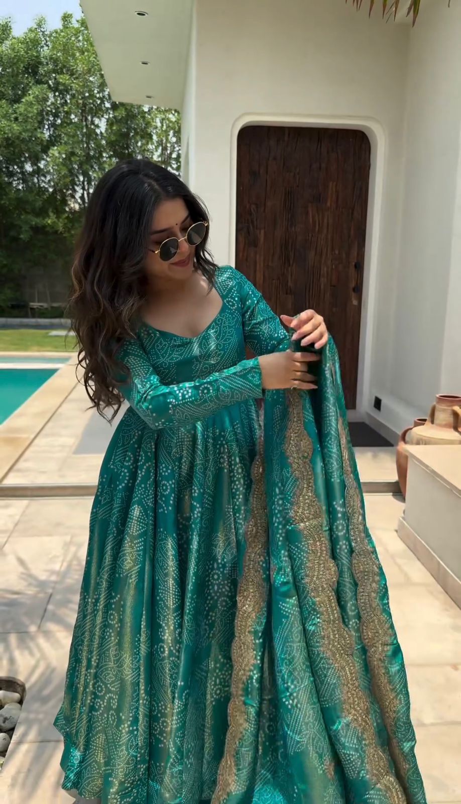 Emerald Green Printed Anarkali Gown Set with Dupatta