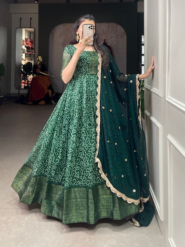 Emerald Green Printed Anarkali Gown with Dupatta