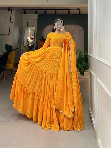 Mustard Yellow Printed Anarkali Gown Set