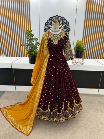 Maroon Heavy Embroidered Anarkali Gown Set with Mustard Dupatta