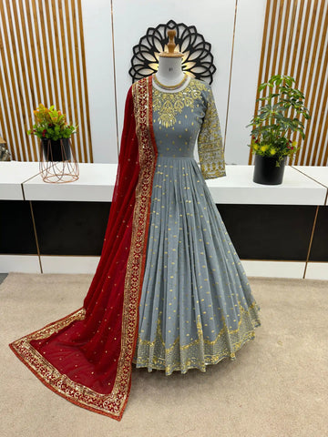 Slate Grey Embroidered Anarkali Gown with Red Dupatta