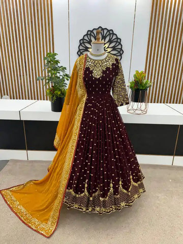 Wine Embroidered Anarkali Gown with Mustard Dupatta