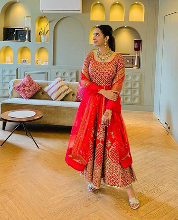Red and Gold Embroidered Anarkali Gown Set with Sheer Dupatta