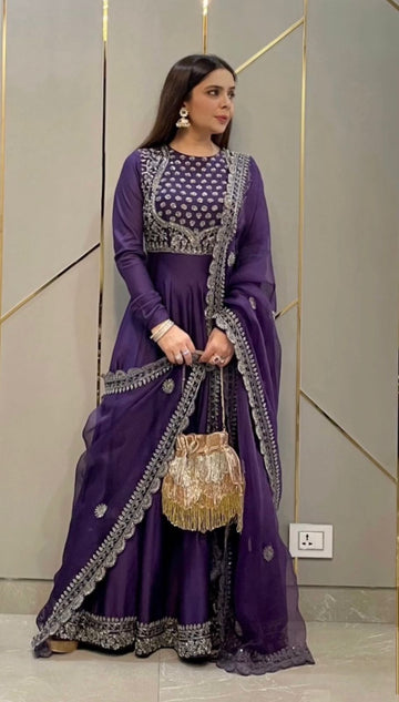 Royal Purple Embroidered Anarkali Gown Set