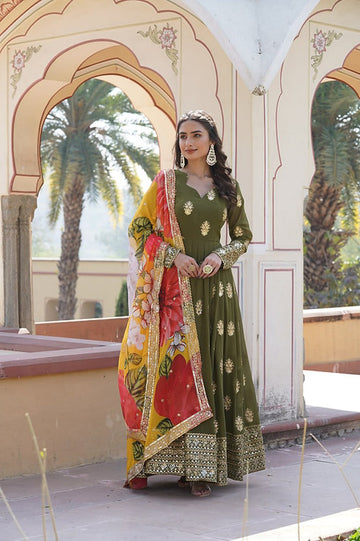 Olive Green Embroidered Anarkali Gown Set with Floral Dupatta