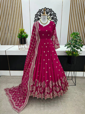 Rani Pink Embroidered Anarkali Gown with Net Dupatta