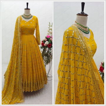 Bright Yellow Embroidered Anarkali Gown Set with Mirror Work Dupatta