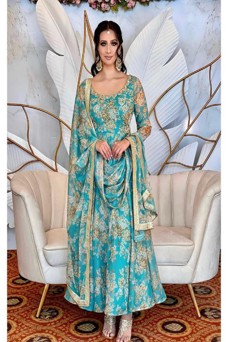 Elegant Teal Floral Anarkali Gown with Embroidered Dupatta