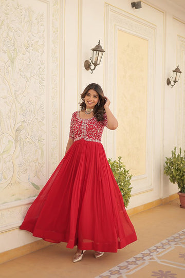 Classic Red Embroidered Anarkali Gown with Flared Skirt