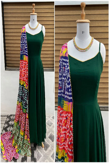 Bottle Green Flared Gown with Multicolor Printed Dupatta