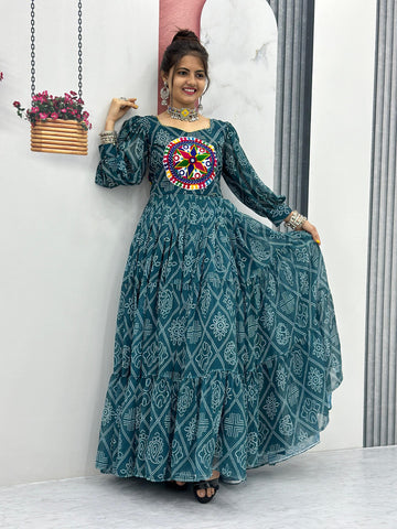Teal Bandhani Print Anarkali Gown with Statement Yoke