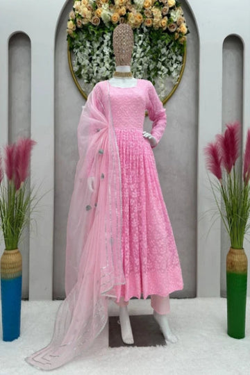 Blush Pink Embroidered Anarkali Gown Set with Sheer Dupatta