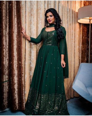 Emerald Green Embroidered Anarkali Gown Set with Dupatta