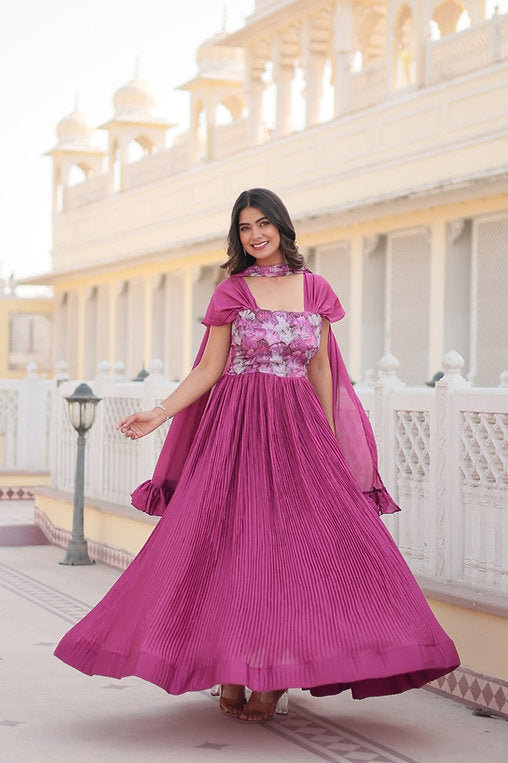 Magenta Pleated Anarkali Gown with Embroidered Bodice and Cape Sleeves