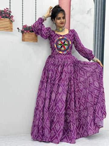 Purple Bandhani Print Anarkali Gown with Multicolor Yoke