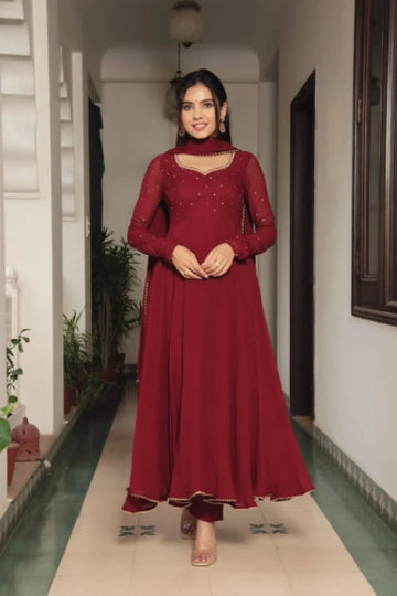 Wine Red Embroidered Anarkali Gown Set with Dupatta