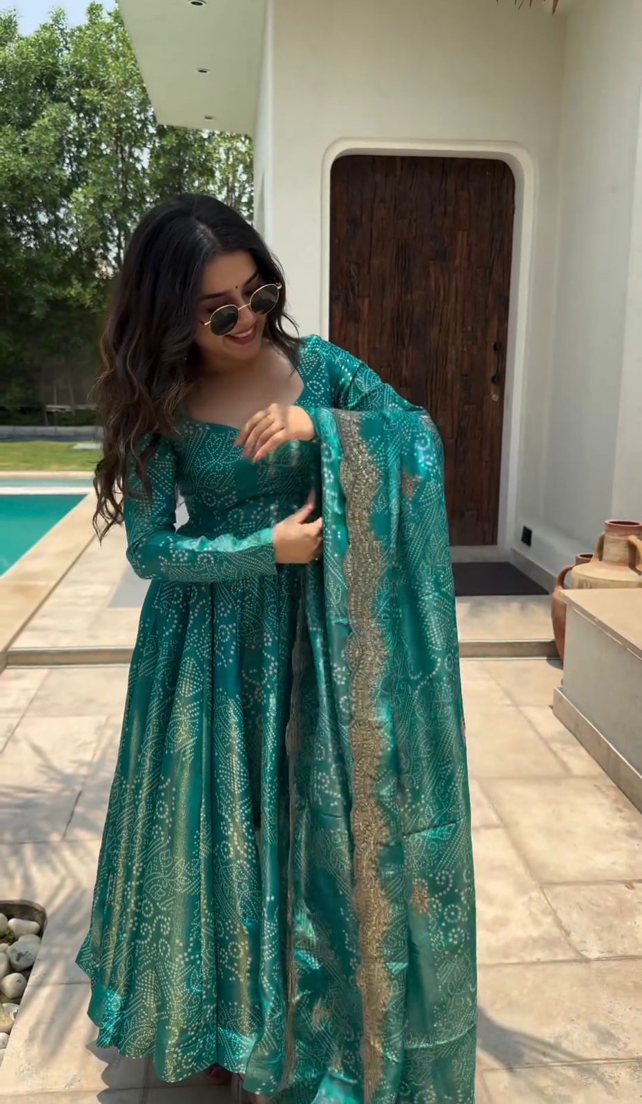 Emerald Green Printed Anarkali Gown Set with Dupatta