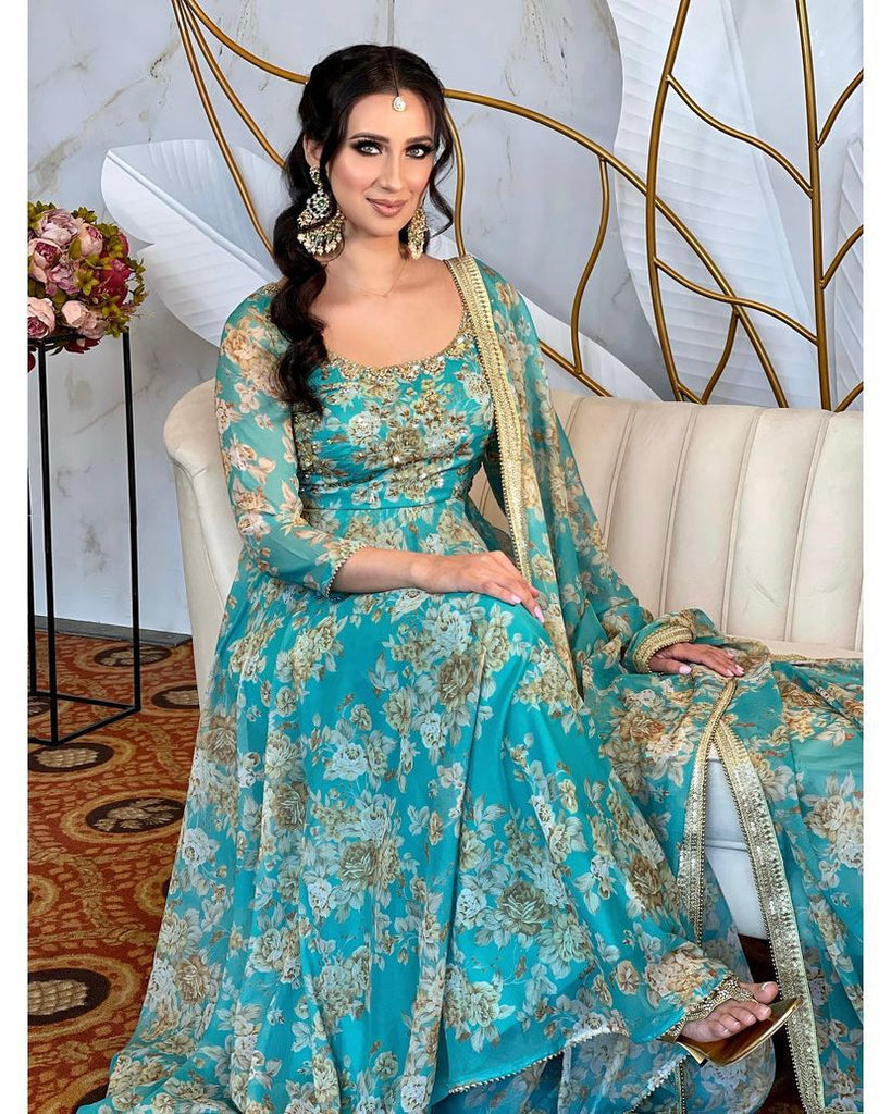 Elegant Teal Floral Anarkali Gown with Embroidered Dupatta