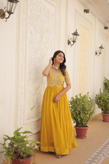 Mustard Gold Embroidered Anarkali Gown with Flared Skirt