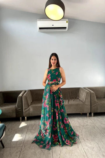 Emerald Green Floral Print Sleeveless Anarkali Gown