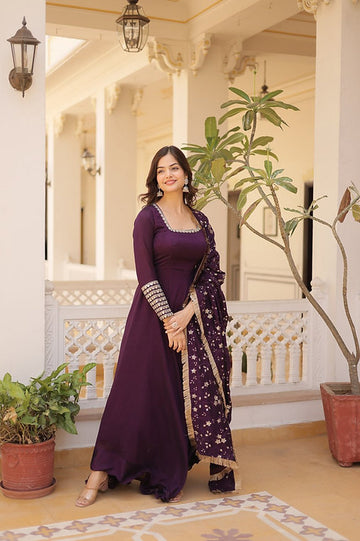 Deep Plum Anarkali Gown Set with Embroidered Dupatta