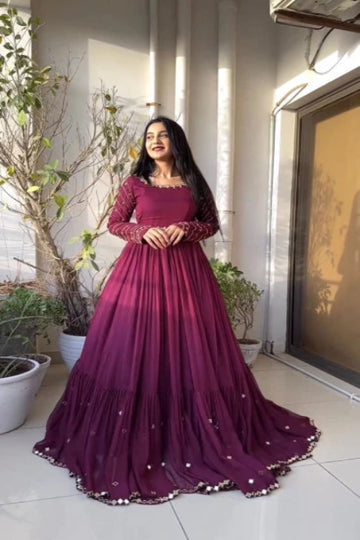 Plum Wine Pleated Anarkali Gown with Embellished Detailing
