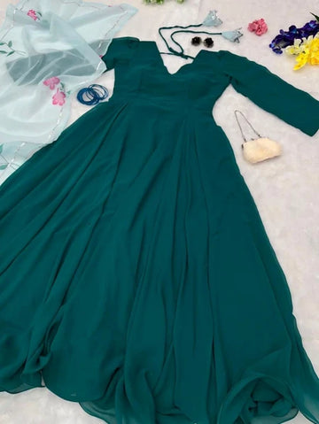 Teal Green Flared Anarkali Gown with V Neck Design
