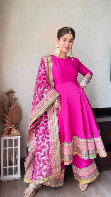 Rani Pink Anarkali Gown Set with Embroidered Dupatta
