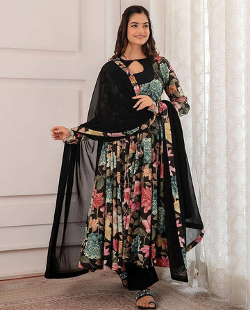 Black Floral Print Anarkali Gown Set with Sheer Dupatta