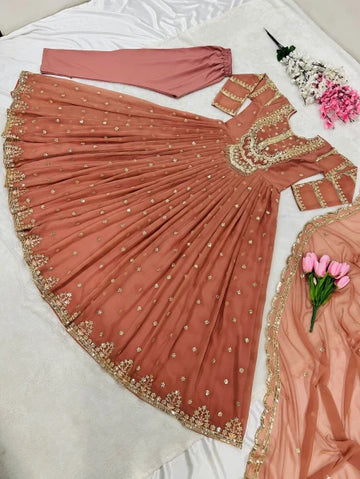 Peach Embroidered Anarkali Gown Set with Dupatta