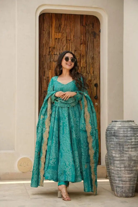 Emerald Green Printed Anarkali Gown Set with Dupatta