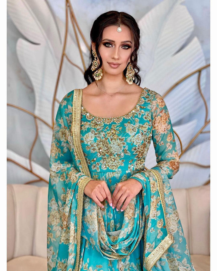 Elegant Teal Floral Anarkali Gown with Embroidered Dupatta
