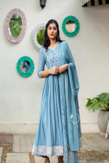 Dusty Blue Embroidered Anarkali Gown Set with Dupatta