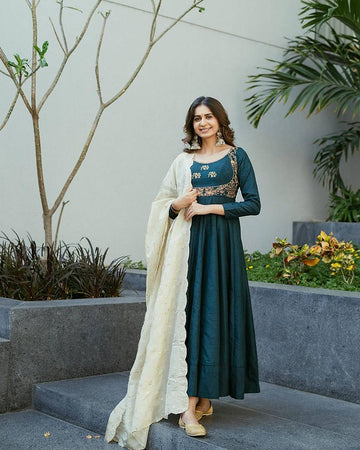 Deep Teal Anarkali Gown Set with Embroidered Bodice and Cream Dupatta