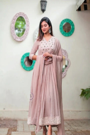 Taupe Beige Embroidered Anarkali Gown Set with Dupatta