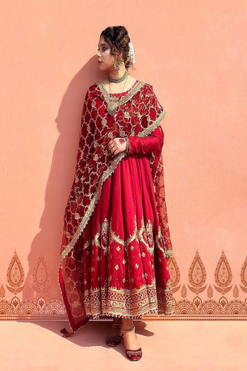 Royal Red Embroidered Anarkali Gown Set with Traditional Dupatta