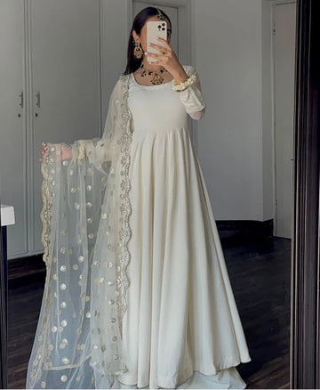 Ivory White Anarkali Gown Set with Embroidered Sheer Dupatta