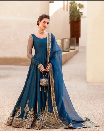 Teal Blue Embroidered Anarkali Gown Set with Sheer Dupatta