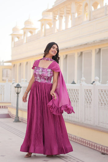 Magenta Pleated Anarkali Gown with Embroidered Bodice and Cape Sleeves