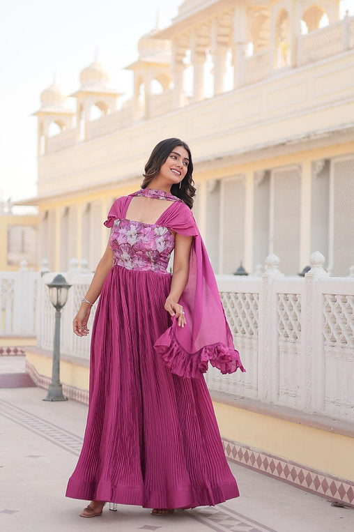 Magenta Pleated Anarkali Gown with Embroidered Bodice and Cape Sleeves