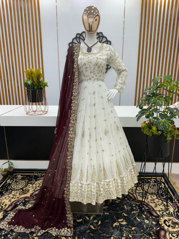 Ivory Embroidered Anarkali Gown Set with Maroon Dupatta