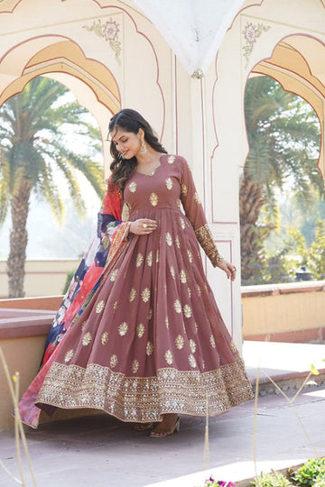 Dusty Rose Embroidered Anarkali Gown Set with Contrast Dupatta