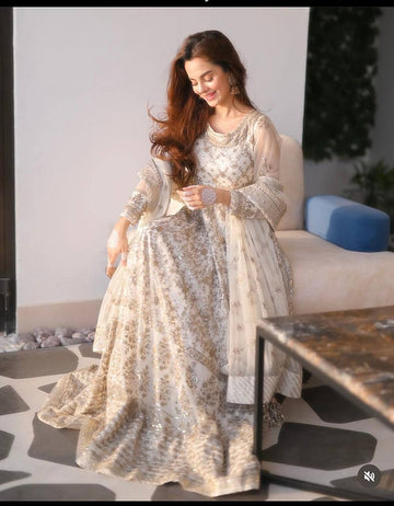 Ivory Gold Embroidered Anarkali Gown Set with Sheer Dupatta
