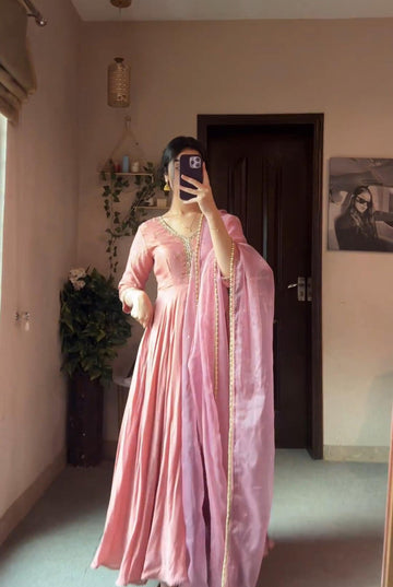 Blush Pink Embroidered Anarkali Gown Set with Dupatta